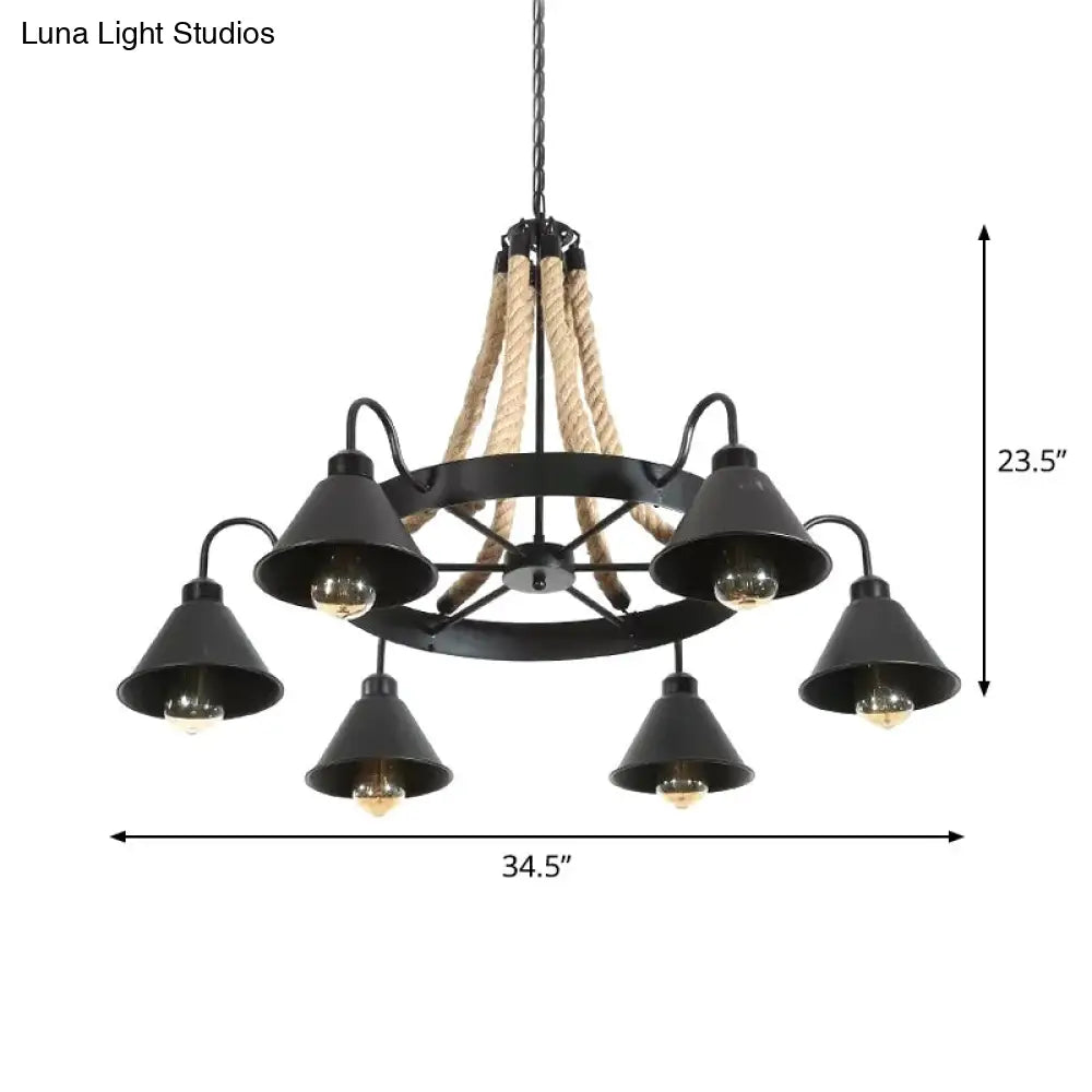 Vintage Rope Pendant Light With Metal Cone Shade - Wheel Restaurant Chandelier Loft Style Brown 6/8