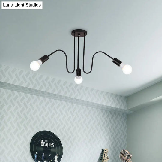 Loft Style Semi-Flush Mount Light: Exposed Metal 3/5 Heads Black/White Finish