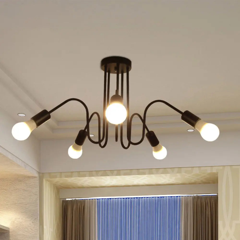 Loft Style Semi-Flush Mount Light: Exposed Metal 3/5 Heads Black/White Finish 5 / Black