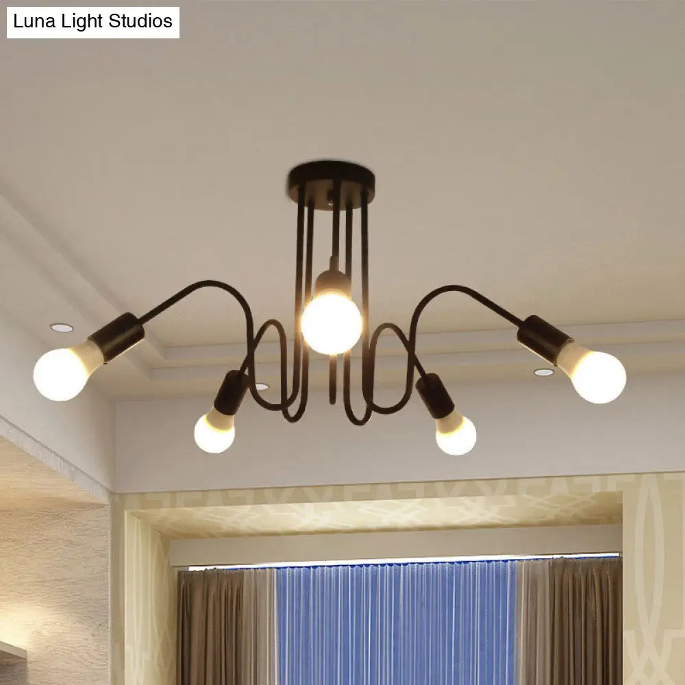 Loft Style Semi-Flush Mount Light: Exposed Metal 3/5 Heads Black/White Finish 5 / Black