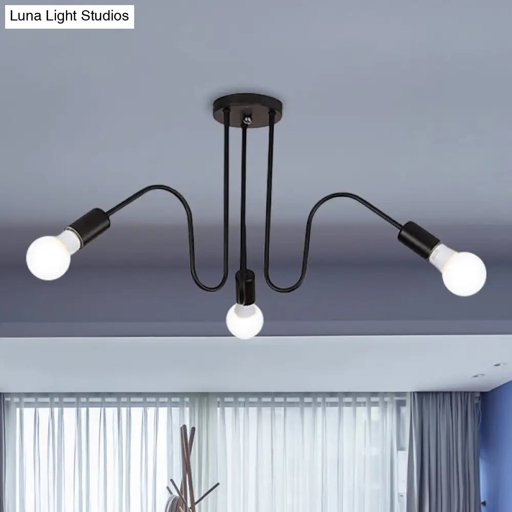 Loft Style Semi-Flush Mount Light: Exposed Metal 3/5 Heads Black/White Finish 3 / Black