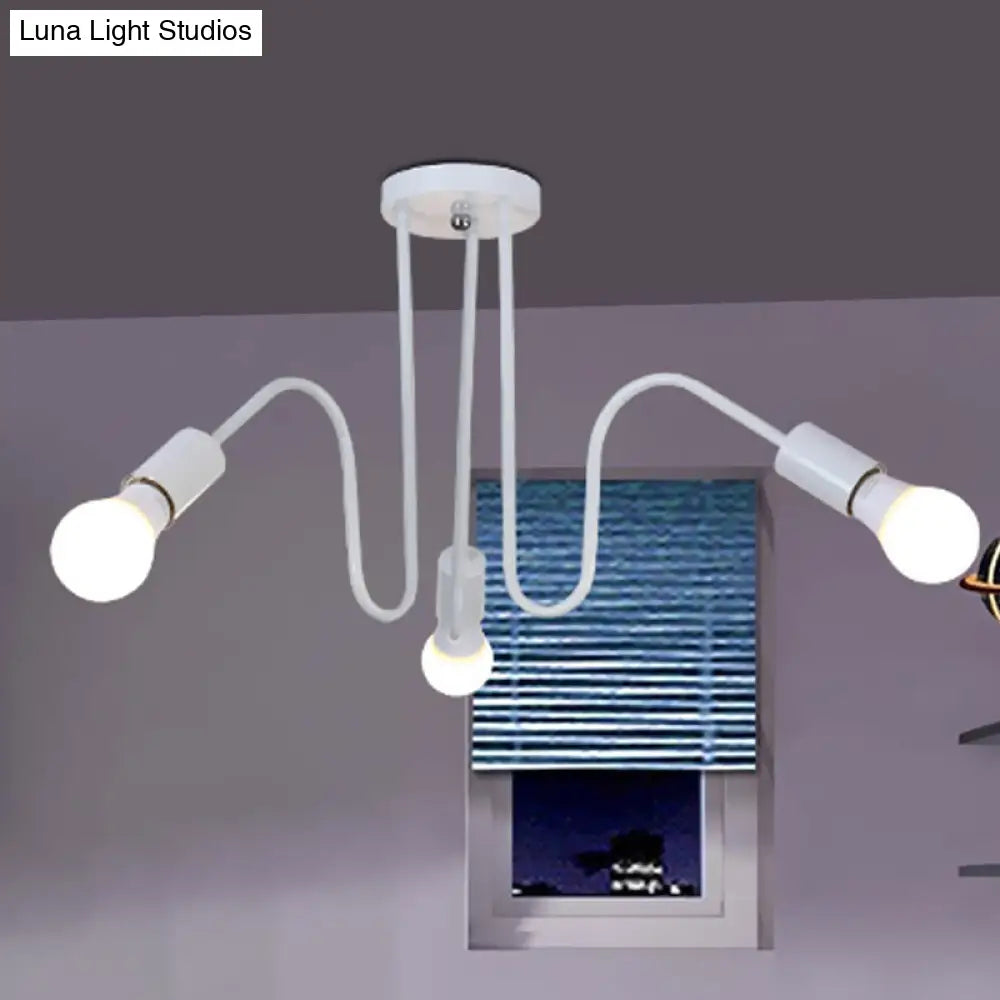 Loft Style Semi-Flush Mount Light: Exposed Metal 3/5 Heads Black/White Finish 3 / White