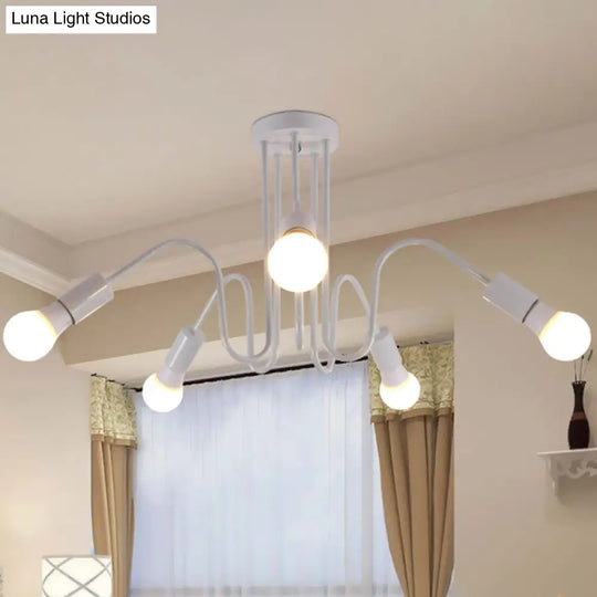 Loft Style Semi-Flush Mount Light: Exposed Metal 3/5 Heads Black/White Finish 5 / White