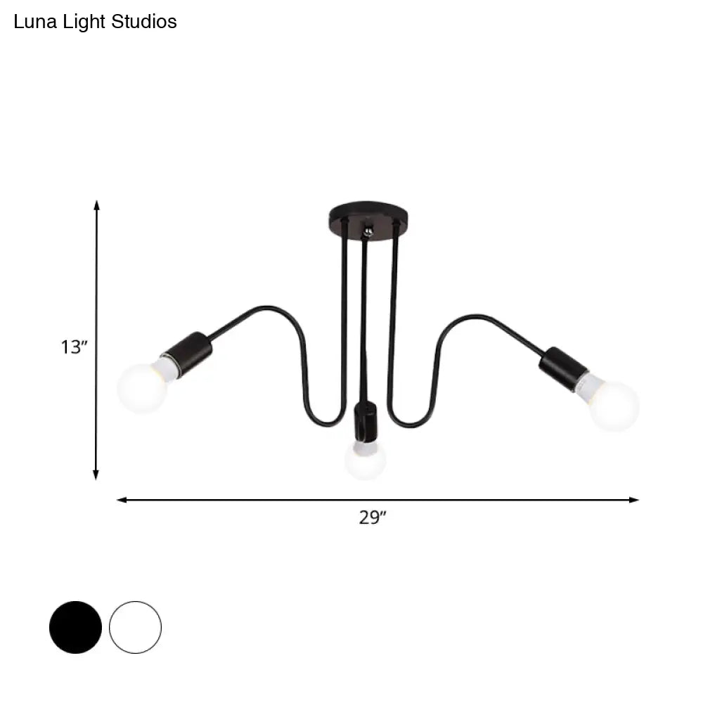 Loft Style Semi-Flush Mount Light: Exposed Metal 3/5 Heads Black/White Finish
