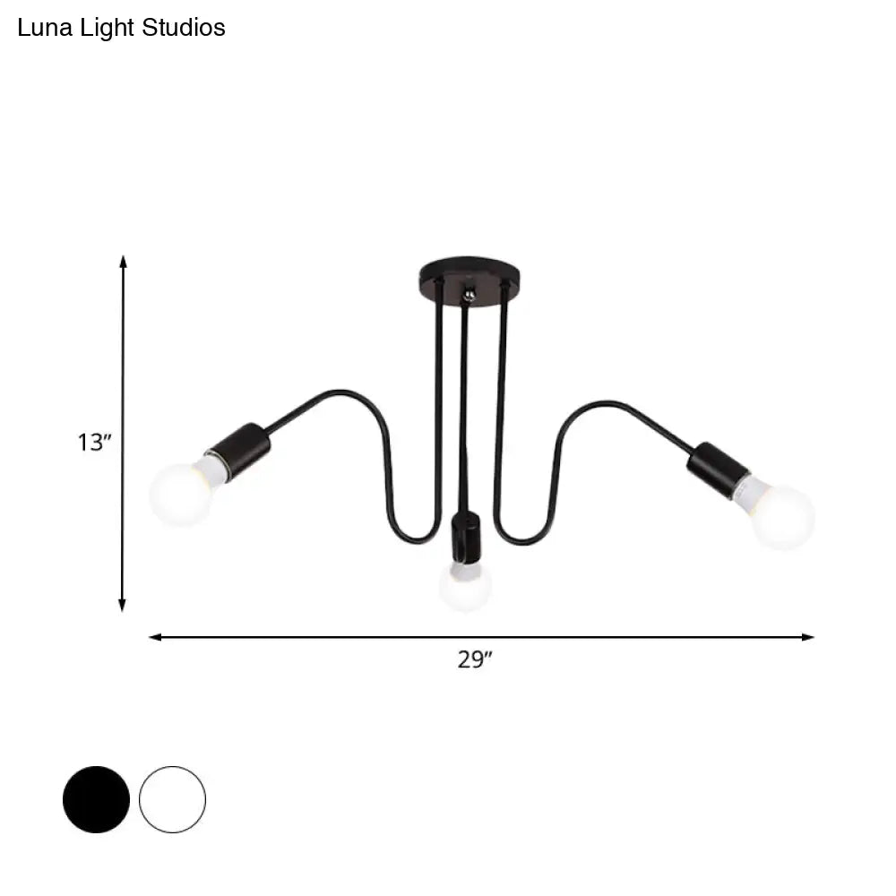 Loft Style Semi-Flush Mount Light: Exposed Metal 3/5 Heads Black/White Finish