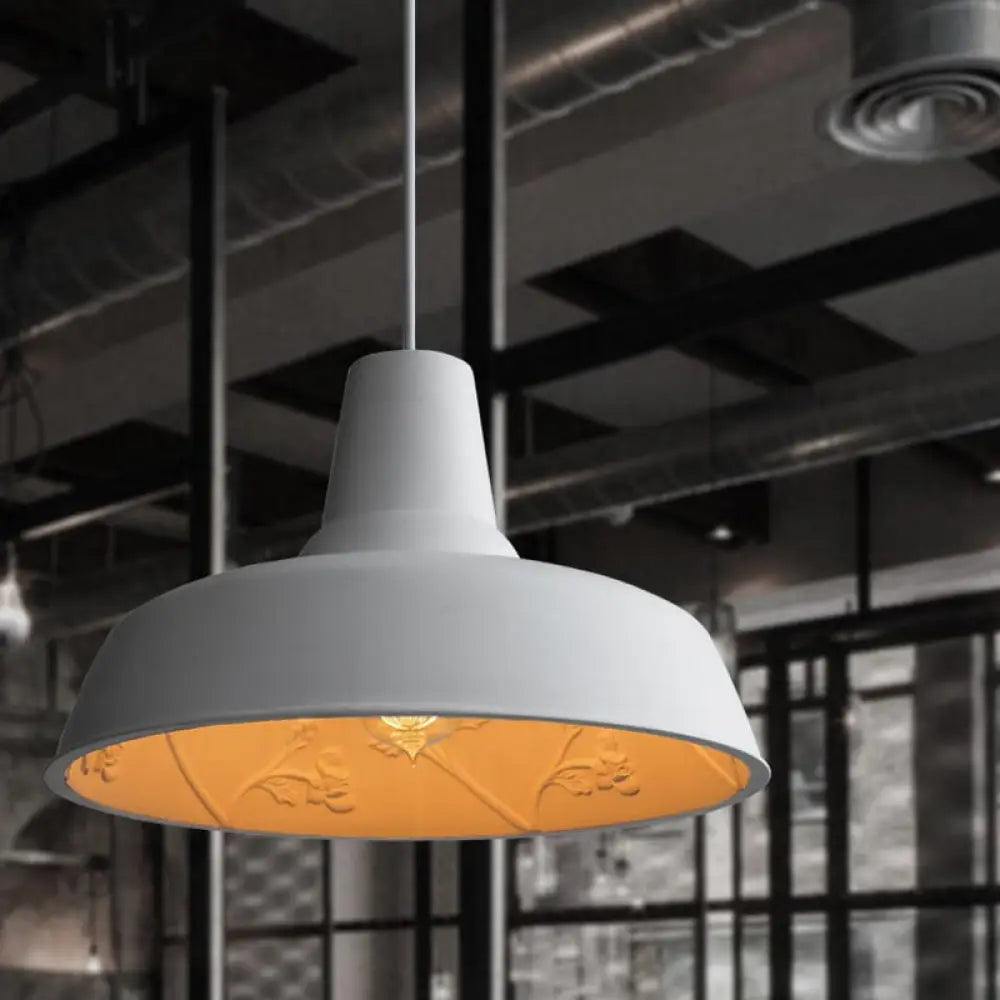 Loft Style White Iron Barn Shade Pendant Lamp With Inner Etched Rose Design - Hanging Ceiling Light