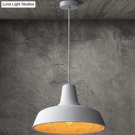 Loft Style White Iron Barn Shade Pendant Lamp With Inner Etched Rose Design - Hanging Ceiling Light