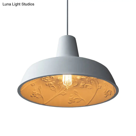 Loft Style White Iron Barn Shade Pendant Lamp With Inner Etched Rose Design - Hanging Ceiling Light