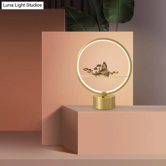 Loop Led Table Light: Artistic Metal Brass Night Lamp With Carved Mountain Decor