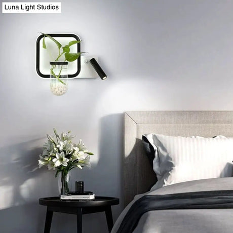 Loop Shaped Wall Sconce Metal Led Light With Spotlight And Plant Pot In Black-White - Decorative