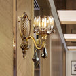 Lotus Amber Glass Wall Sconce: Antique Brass 1-Head Living Room Light With Crystal Pendalogues