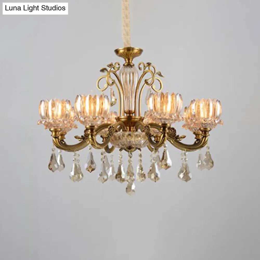 Lotus Carved Crystal Antique Gold Hanging Chandelier For Dining Room Ceiling