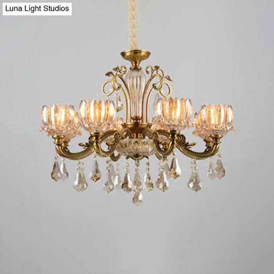 Lotus Carved Crystal Antique Gold Hanging Chandelier For Dining Room Ceiling