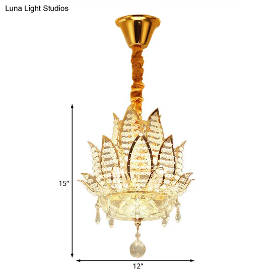 Modern Gold Lotus Crystal Ball Chandelier - 3-Light Hallway Hanging Light