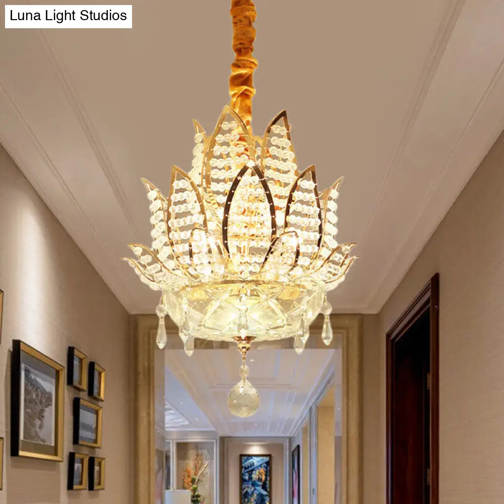 Modern Gold Lotus Crystal Ball Chandelier - 3-Light Hallway Hanging Light