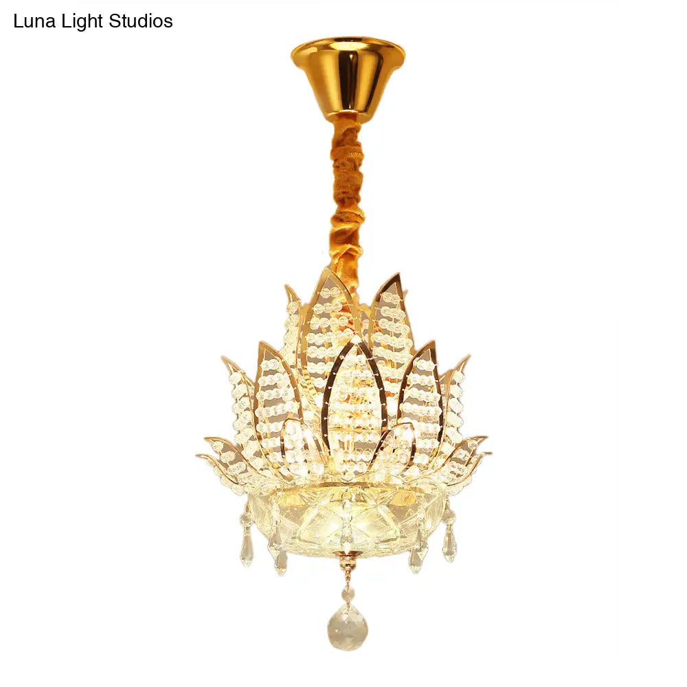 Lotus Faceted Crystal Ball Chandelier - Modern Gold Hanging Light 3 Lights For Hallway