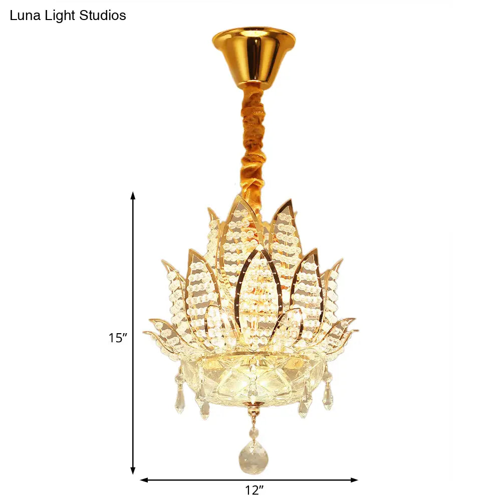 Lotus Faceted Crystal Ball Chandelier - Modern Gold Hanging Light 3 Lights For Hallway