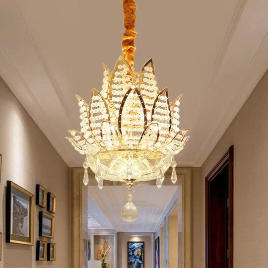 Lotus Faceted Crystal Ball Chandelier - Modern Gold Hanging Light 3 Lights For Hallway