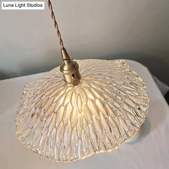 Lotus Leaf Pendant Lamp - Farmhouse Brass Clear Carved Glass Hanging Light For Dining Table