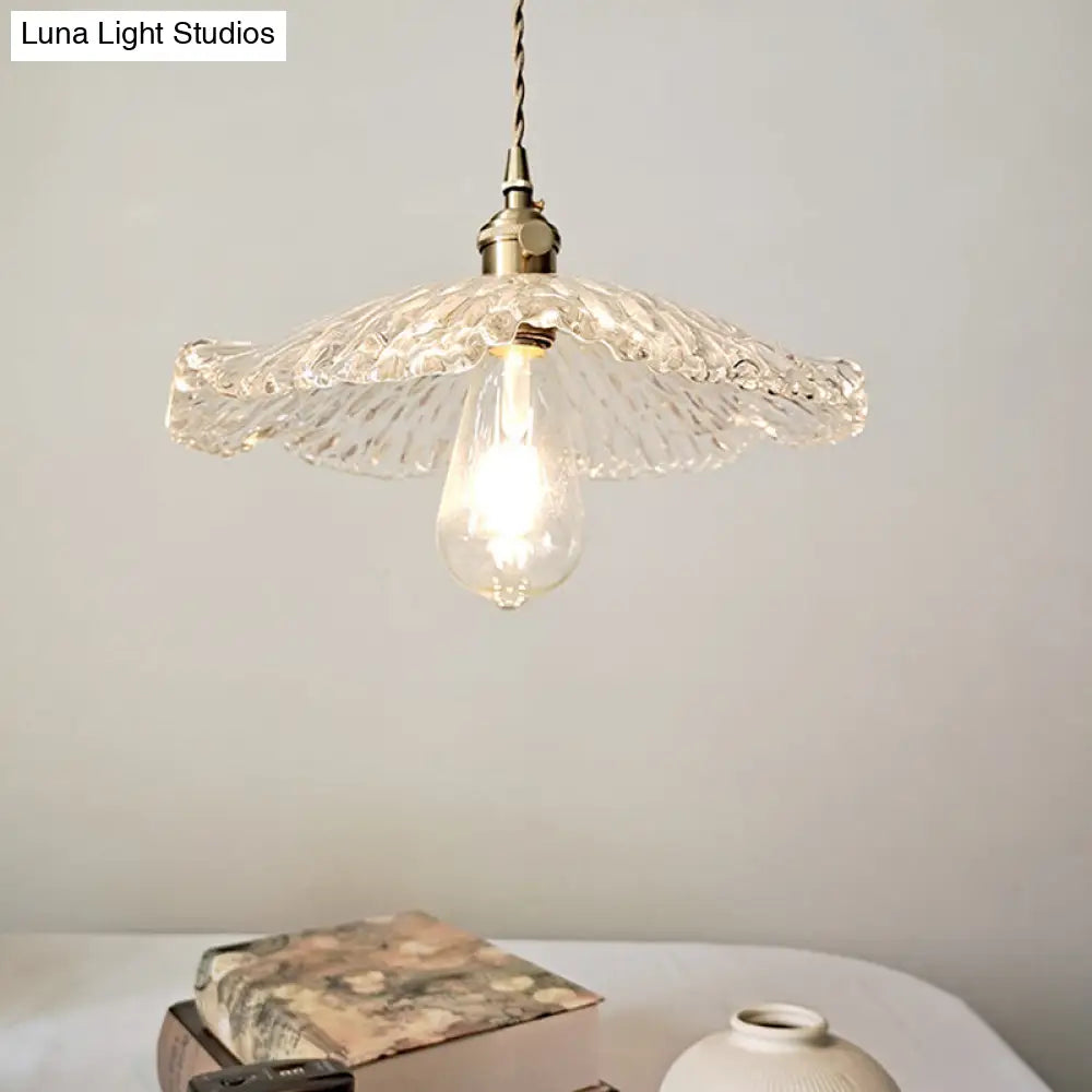 Lotus Leaf Pendant Lamp: Farmhouse Brass Clear Carved Glass Hanging Light