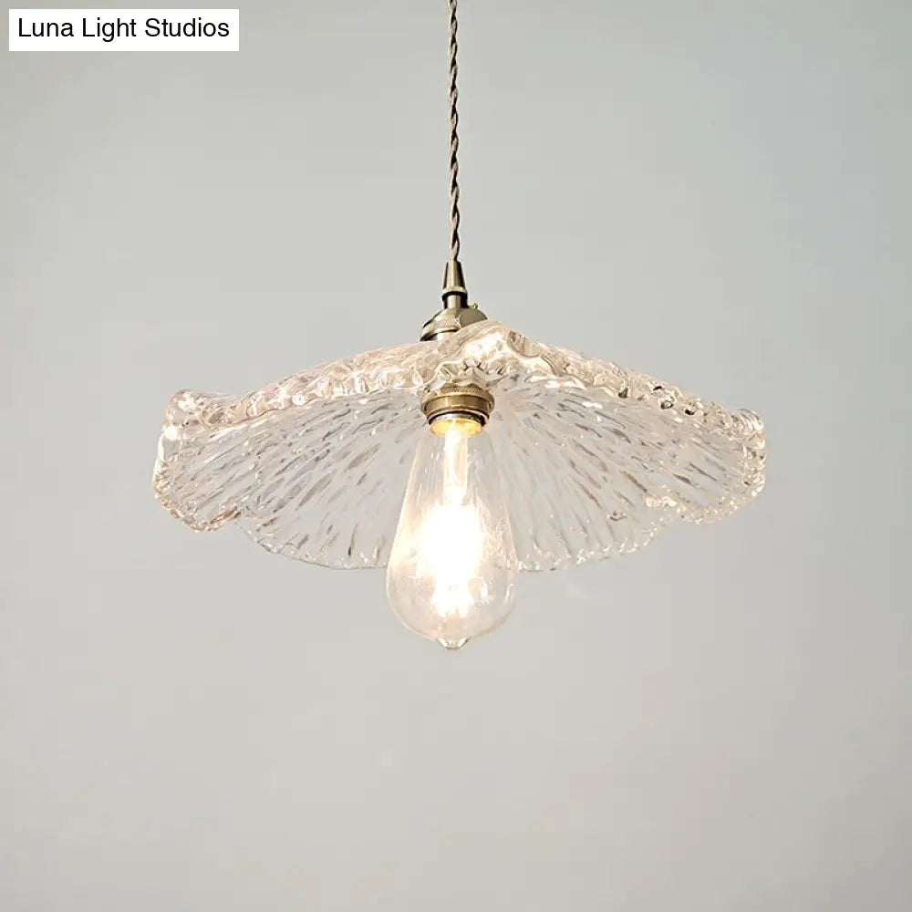 Lotus Leaf Pendant Lamp: Farmhouse Brass Clear Carved Glass Hanging Light