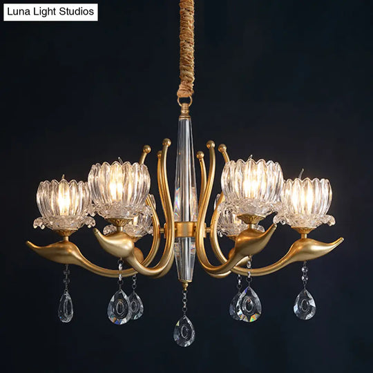 Lotus Shade Pendulum Chandelier - 6-Light Traditional Gold Finish Clear Crystal Pendant