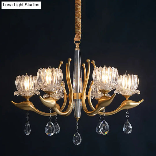 Lotus Shade 6-Light Pendulum Chandelier - Traditional Gold Finish With Clear Crystal Pendant