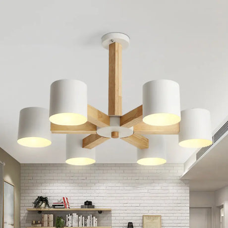 Lounge Ceiling Lamp: Cylindrical Metal Chandelier With 6 Nordic - Style Semi Flush Mount Heads In