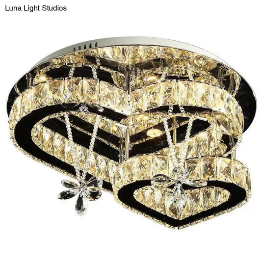 Loving Heart Ceiling Flush Light With Maple Leaf Charm - 2 Tiers Stainless Steel Mirror Crystal