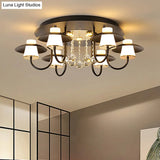 Luxurious Circular Semi Flushmount Ceiling Light With Crystal Ball - 8 Lights Metallic Black/White