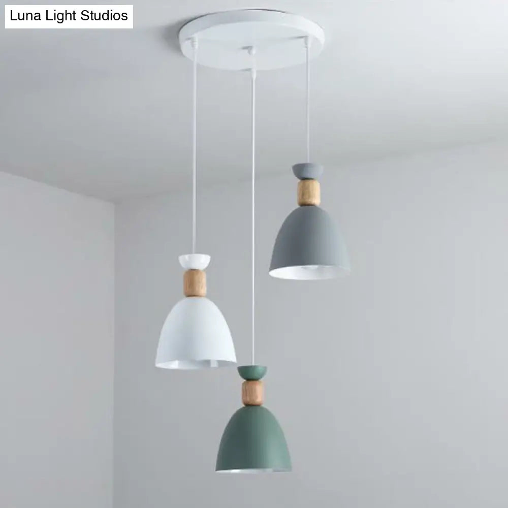 Macaron 3-Head Metallic Multi Ceiling Light: Inverted Cup Design White Suspension Lighting