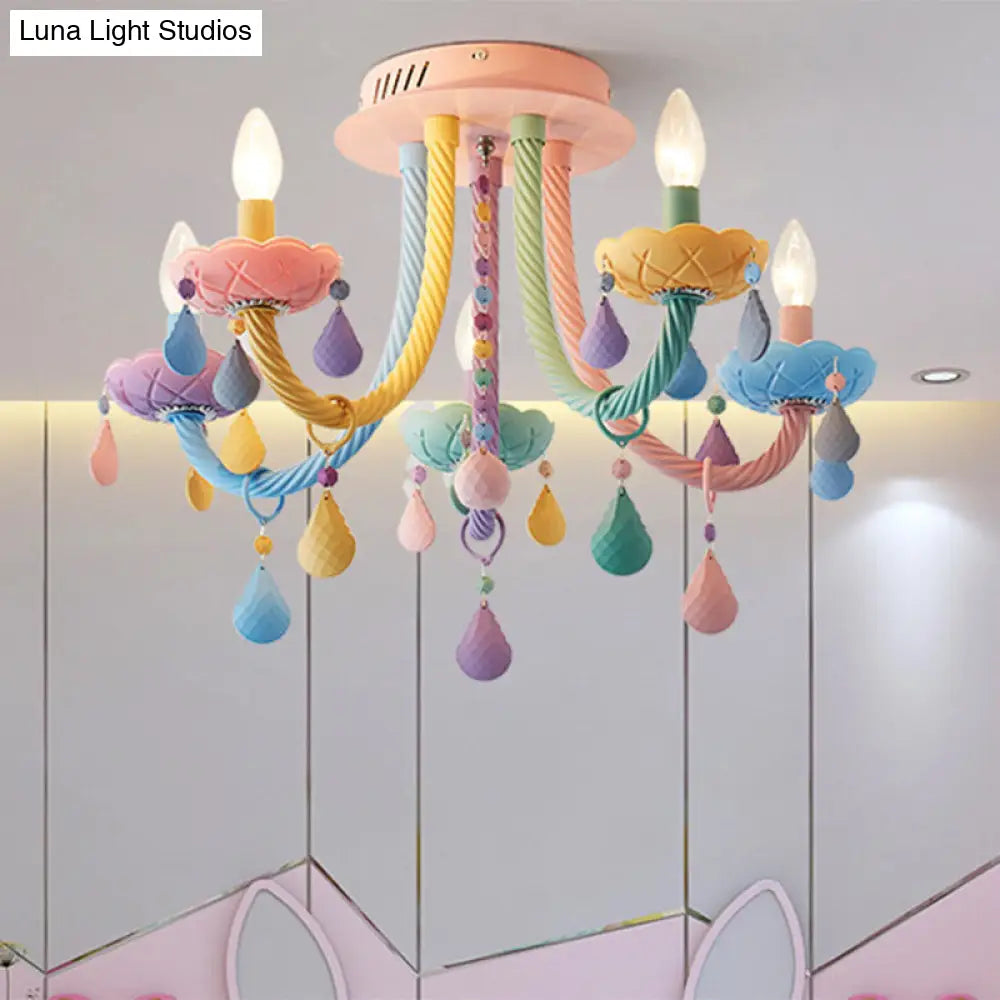 Macaron Candelabra Semi-Flush Mount Ceiling Light With 5/6 Metal Lights In Blue-Pink-Yellow For