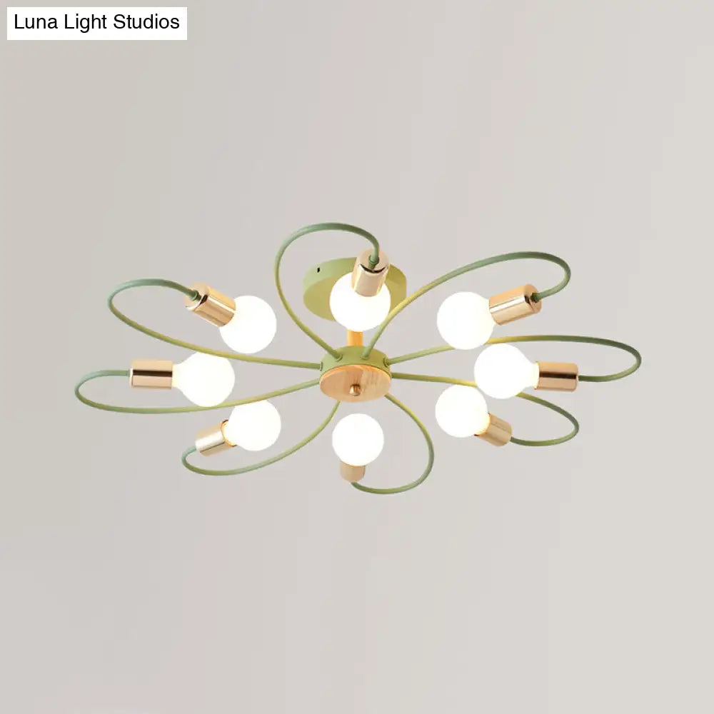 Macaron Flush Mount Ceiling Lamp With Metallic Semi Design - Green Blossom 8 Bulbs