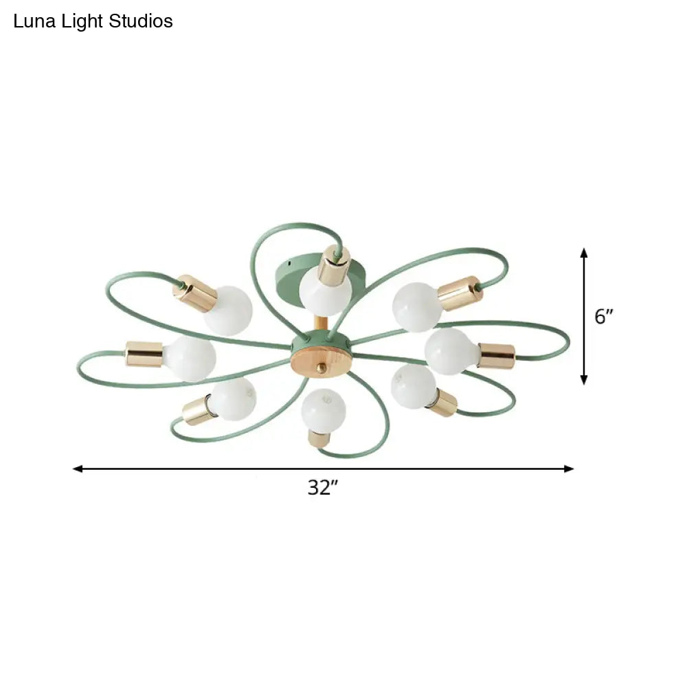 Macaron Flush Mount Ceiling Lamp With Metallic Semi Design - Green Blossom 8 Bulbs