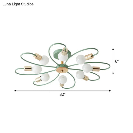 Macaron Flush Mount Ceiling Lamp With Metallic Semi Design - Green Blossom 8 Bulbs