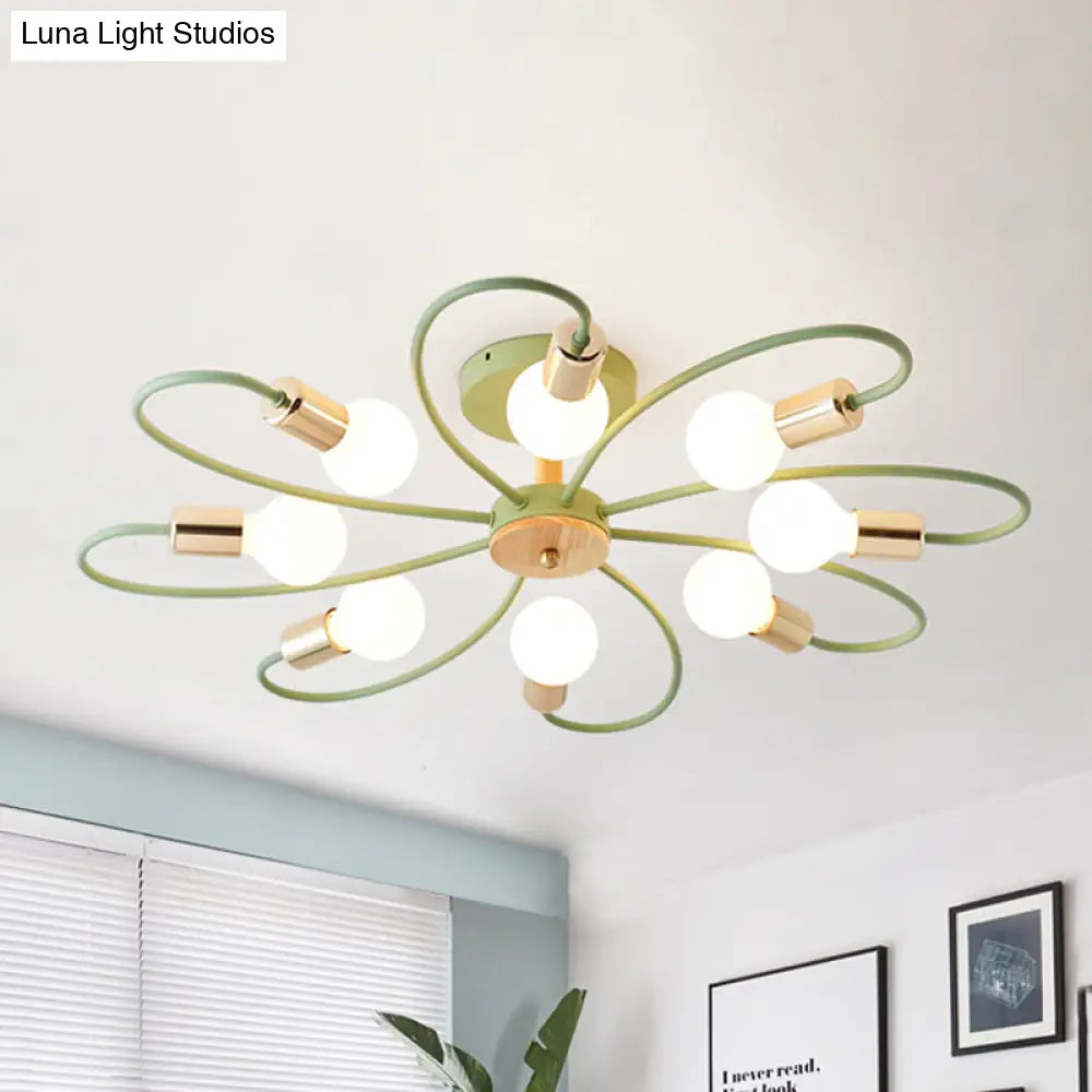 Green Blossom Semi-Flush Mount Ceiling Light With 8 Macaron Bulbs In Metallic Finish