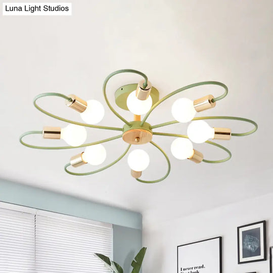 Green Blossom Semi-Flush Mount Ceiling Light With 8 Macaron Bulbs In Metallic Finish