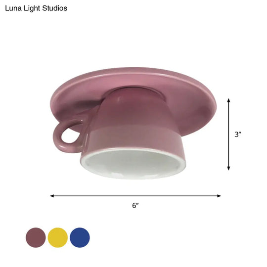 Macaron Led Flush Mount Ceiling Light In Pink/Blue/Yellow Ceramic Finish For Coffee Lovers