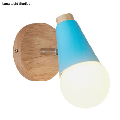 Macaron Loft Sweet Cone Wall Light - Metal/Wood Backplate Rotatable Single Blue/Green/Pink Corridor