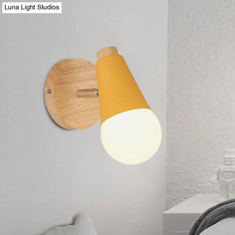 Macaron Loft Sweet Cone Wall Light - Metal/Wood Backplate Rotatable Single Blue/Green/Pink Corridor