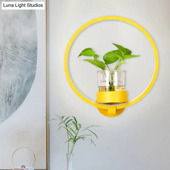 Macaron Metal Led Wall Sconce With Plant Pot For Bedroom - Grey/Yellow/Blue