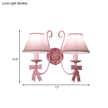 Macaron Pink Bow Wall Lamp With Fabric Shade - Bedroom Mounted Light