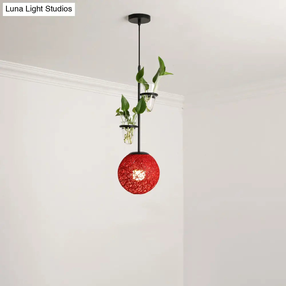 Macaron 1-Head Rattan Hanging Ceiling Light In Beige/Red/Pink With Plant Pot - Kitchen Pendant