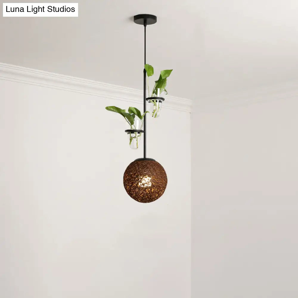 Macaron Rattan Globe Pendant Light With Plant Pot - Beige/Red/Pink