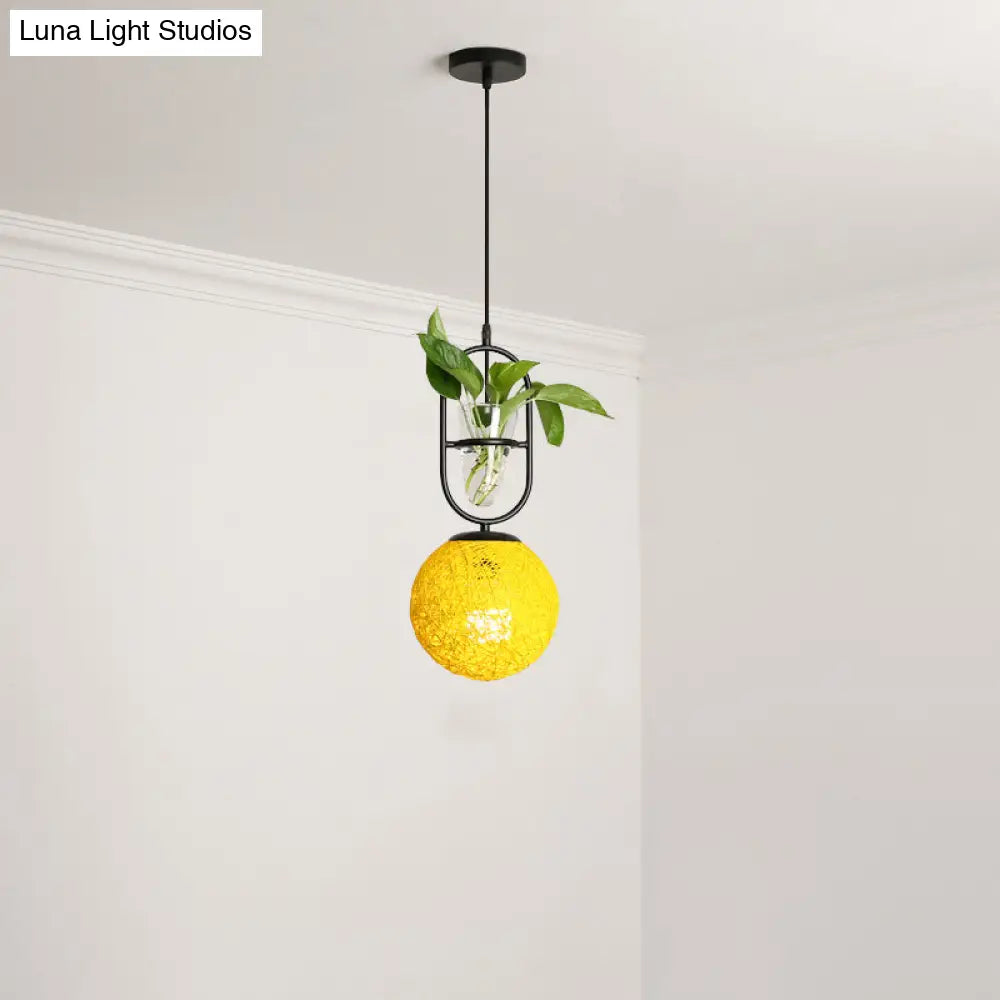 Macaron Rattan Globe Pendant Light With Plant Pot - Beige/Red/Pink