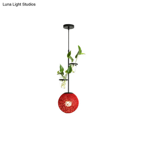 Macaron Rattan Globe Pendant Light With Plant Pot - Beige/Red/Pink