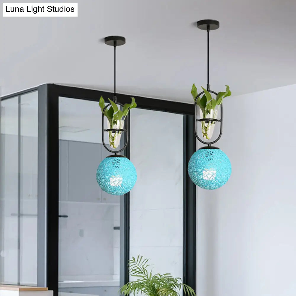 Macaron Rattan Globe Pendant Light With Plant Pot - Beige/Red/Pink Blue
