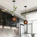 Macaron Rattan Globe Pendant Light With Plant Pot - Beige/Red/Pink Brown