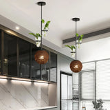 Macaron Rattan Globe Pendant Light With Plant Pot - Beige/Red/Pink Brown