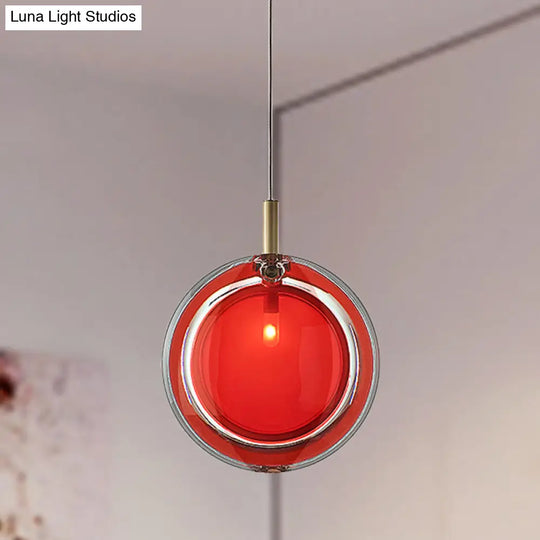 Macaron Red Glass Hanging Lamp: Sleek Round Pendant For Bedroom Includes 1 Light - Easy Installation